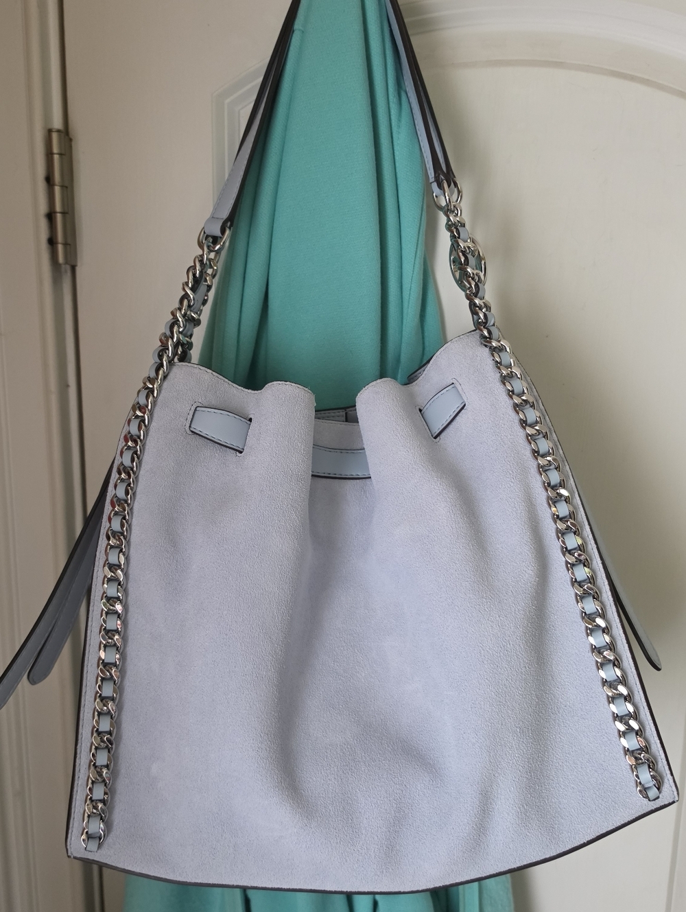 Michael Kors Pale Blue Chain-Trim Suede Shoulder Bag - Picture 4 of 7
